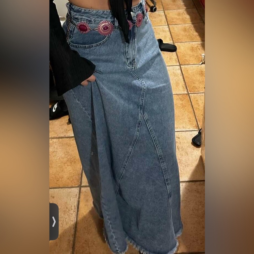 Boho Light Blue Raw hem Jean Denim Pockets Maxi Skirt - Picture 9 of 11